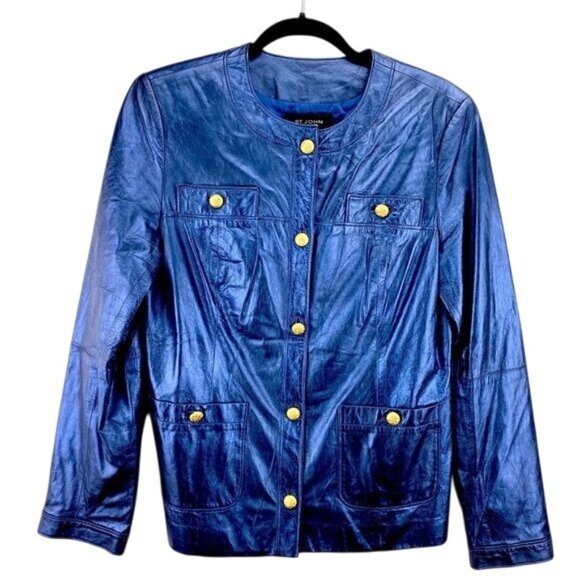 St. John Blue Metallic Lambs Leather Jacket size 8 - Picture 1 of 4